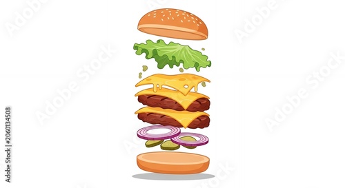 Deconstructed Hamburger Vector Illustration with Floating Layers of Beef Cheese Lettuce and Onion