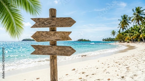 Empty wooden signpost on a tropical beach with palm trees