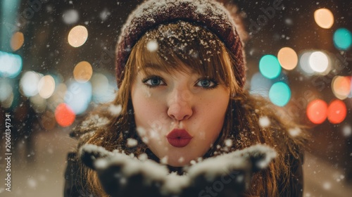 Charming young woman blowing snow kisses in a winter wonderland with bokeh lights, capturing the magic of a snowy season