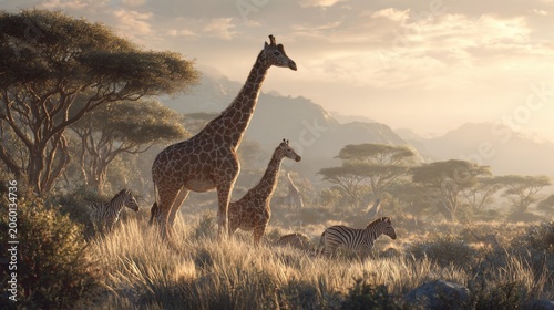 Serene African Savannah at Sunrise with Giraffes and Zebras grazing in the golden light