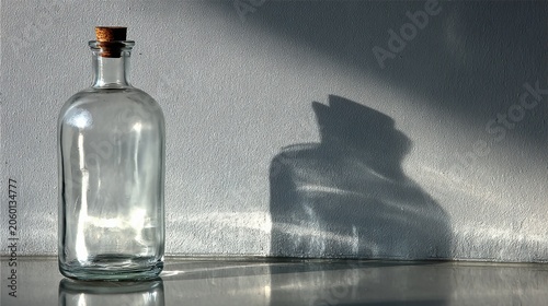 Clear glass bottle with a cork stopper casting interesting shadows on a textured wall