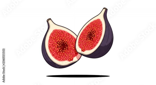 Fresh Organic Sliced Purple Fig Halves Illustration Isolated on White Background with Red Seedy Interior Texture