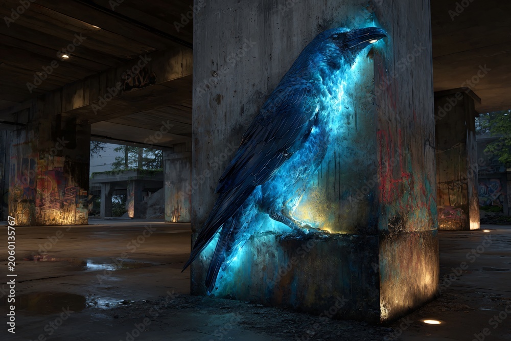 Obraz premium A magnificent glowing blue raven emerges from a concrete pillar in a dark, mysterious urban underpass setting.