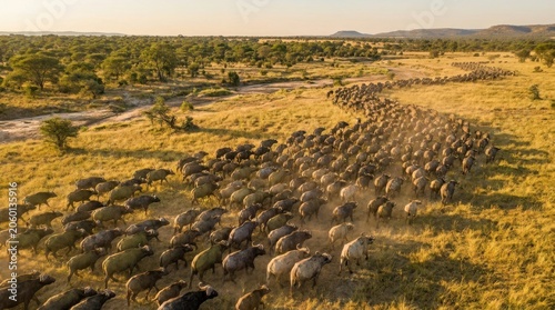 Vast herd of African buffalo migrating across the savanna at sunset