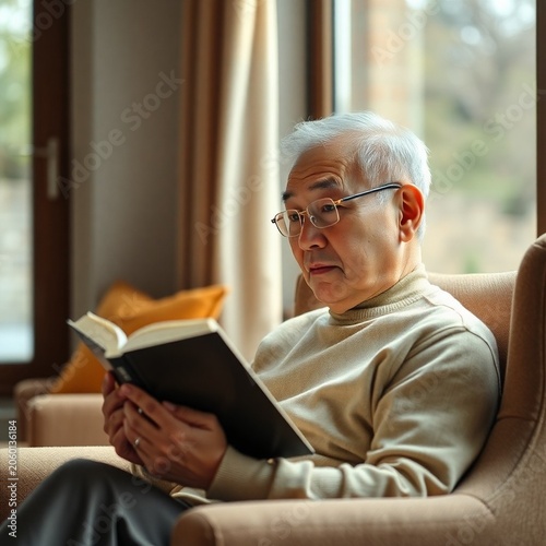 medium shot of an elderly east asian man mid 70s with kind e