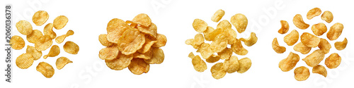 Obraz na płótnie A top-down collection of crispy, golden potato chips arranged in distinct piles, isolated on a clean white background to showcase texture for food-related marketing