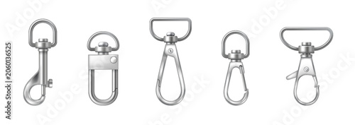 Realistic illustration of metal keychain clasps. Silver color with a shiny finish. Represents durability and style. Suitable for crafting and design projects.