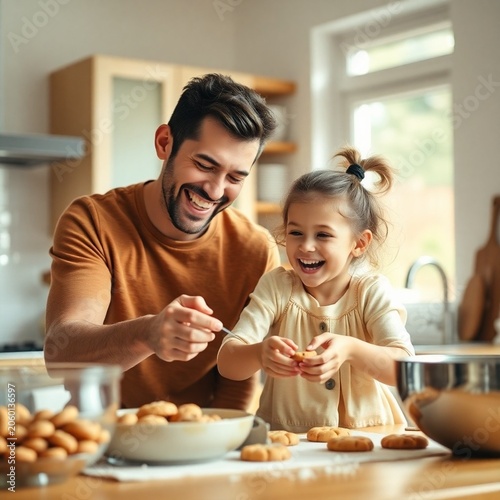 a joyful father and his young daughter laughing and playing 