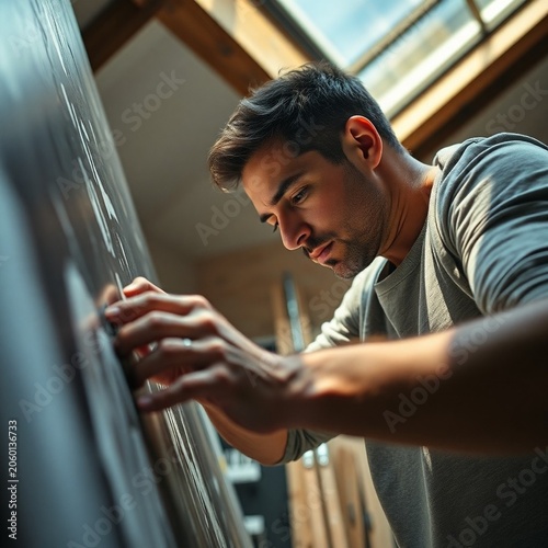 a focused artist perhaps a painter or sculptor intensely wor