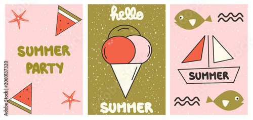 Cute Hand Drawn Summer Vector Card Illustration Set with Ice Cream, Watermelon, Sailboat and Fish in Retro Style