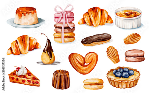 Fotografie French dessert illustration set with pear chocolate poire belle hélène macaron flan croissant eclair and more