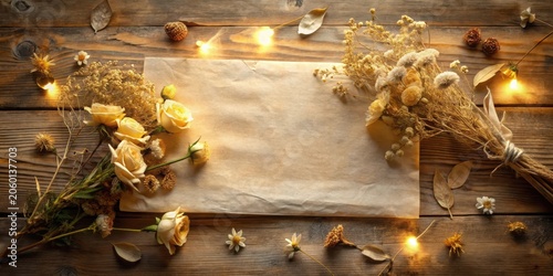 Rustic Autumnal Arrangement with Blank Paper and Fairy Lights A Serene Composition for Seasonal Greetings or Sentimental Messages