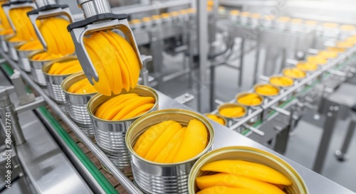 Automated Food Production Line: Peaches in Syrup Being Filled into Cans on a Modern Factory Conveyor Belt