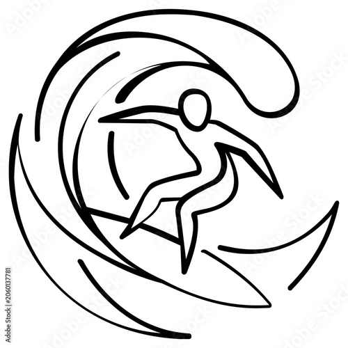 Modern surfing vector icon illustration featuring a professional surfer balancing on a powerful breaking wave, ideal for summer sports branding and travel graphics on a clean background.