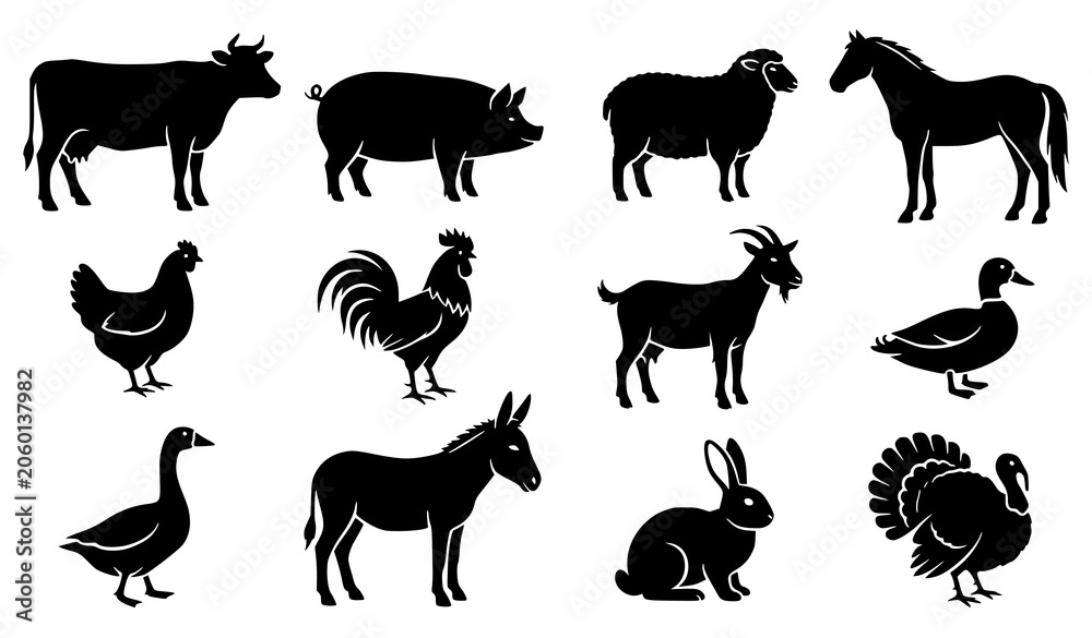 Obraz premium Farm Animal Silhouette Vector Collection with Cow Pig Sheep Horse and Chicken