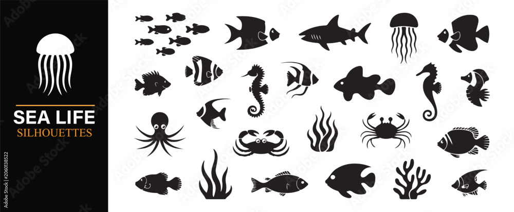 Obraz premium Sea Life Silhouettes Collection with Marine Animals and Ocean Creature Icons
