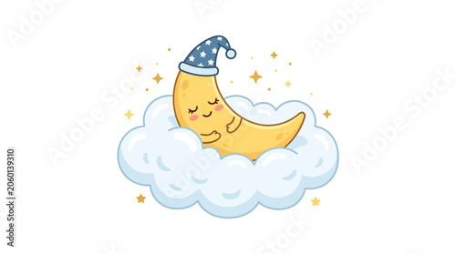 Cute Sleeping Moon Character on Cloud with Stars