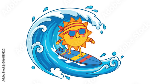 Cartoon Sun Surfing Big Wave with Sunglasses and Headband