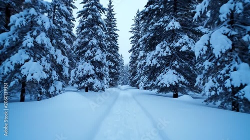 A pristine snow-covered forest path winds through tall evergreen trees in a serene winter landscape.