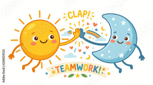 Happy Sun and Moon Giving High Five, Teamwork Concept
