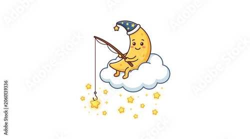 Cute cartoon moon fishing for stars from a cloud, bedtime illustration