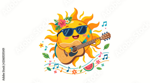 Happy Cartoon Sun Playing Guitar with Flowers and Music Notes