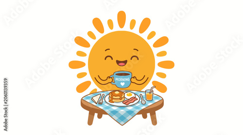 Cute cartoon sun enjoying breakfast with coffee and food on table