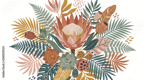 Bohemian Floral Arrangement with Protea and Ferns, Earthy Tones