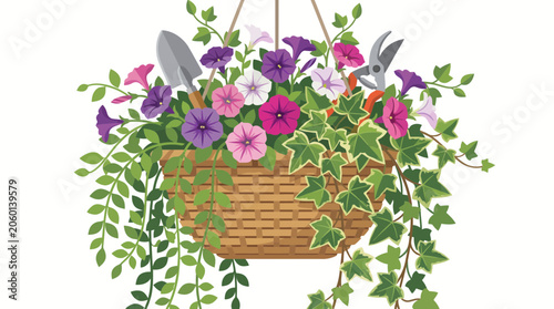 Hanging Flower Basket with Gardening Tools, Petunias and Ivy