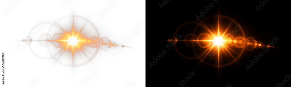 Fototapeta premium Lensflare radiant orange optical flare overlay, on transparent background