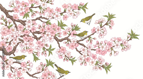 Spring Blossom Cherry Branch with Small Birds Illustration