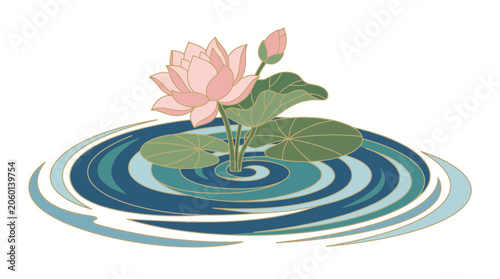 Pink Lotus Flower Blooming in Rippling Water with Bud and Leaves