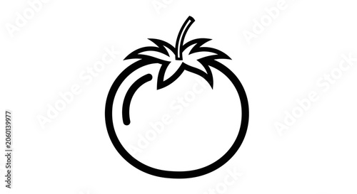 Minimalist line drawing of a fresh tomato with stem and leaves on white background