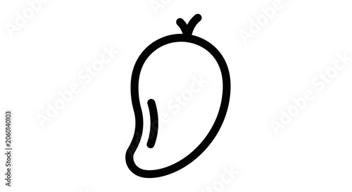 Simple black line drawing of a mango fruit with a leaf on a white background