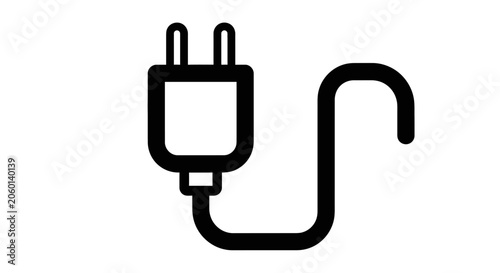 Simple black line drawing of an electrical power plug and curved cable on white background