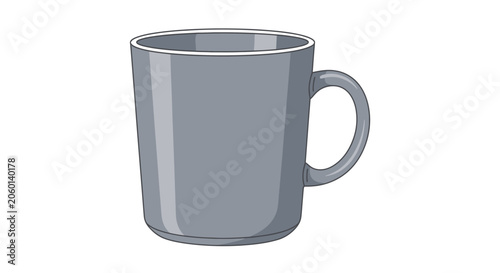 Simple gray ceramic coffee mug with handle on plain white background