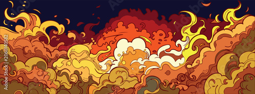 A vibrant pop art illustration featuring dramatic rolling smoke clouds and bright fiery explosions in red, orange, and yellow hues against a dark blue sky. Stylized comic book background.