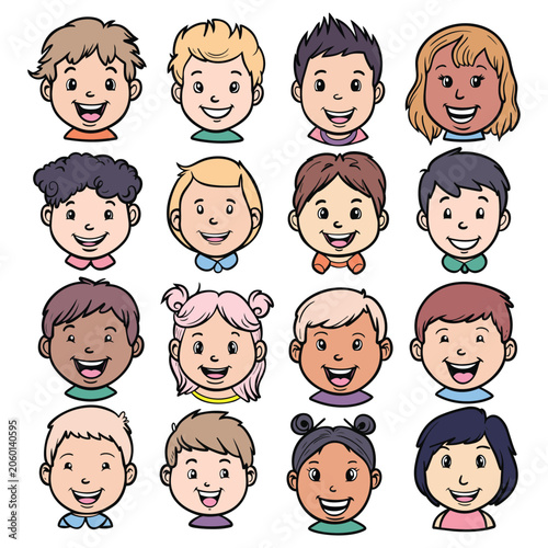 A collection of sixteen diverse cartoon avatars showing diverse happy children faces. Simple hand drawn kid characters with smiling expressions isolated on a clean white background.