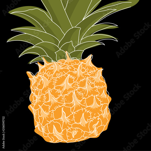 Cute cartoon pineapple illustrated with clean white outline, isolated on black background. Simple tropical fruit icon with minimal line art style, suitable for logos, stickers, coloring pages