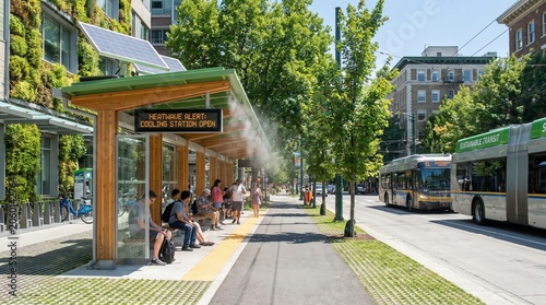 Bus Stop Passengers Relaxing in a Green City Environment
