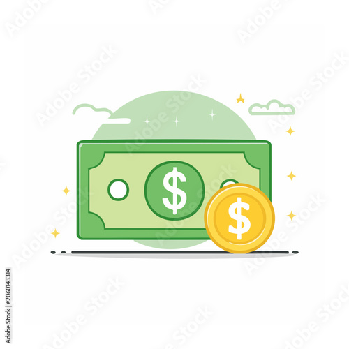Flat design money bag with dollar symbols and coins