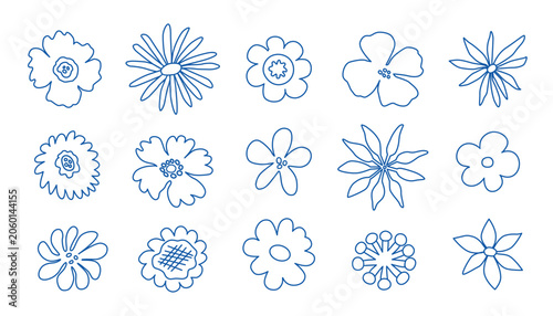 Linear blue ink flowers. Hand drawn line art. Flower power. Floral summer and spring garden. Doodles. Sketch. Coloring book. Vector isolated on white.	