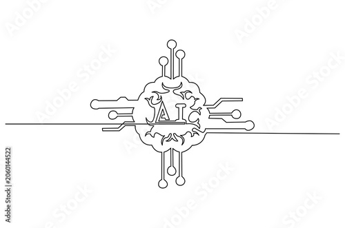 Continuous one line drawing of AI technology icons for web and mobile app. Single line drawing illustration of Machine learning.  Smart robotic concept vector art. Doodle line illustration.
