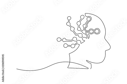 Continuous one line drawing of AI technology icons for web and mobile app. Single line drawing illustration of Machine learning.  Smart robotic concept vector art. Doodle line illustration.