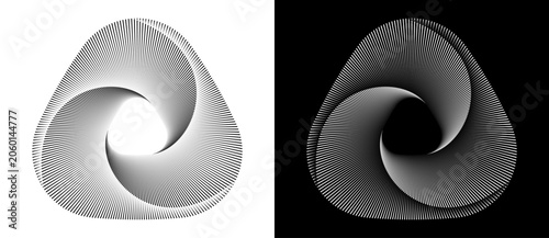 Photos Abstract op-art vector form built from dense radial lines converging toward an offset triangular void, creating an optical illusion of a twisted toroidal surface in black and white variants