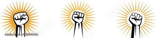 Tableau sur toile Three Stylized Raised Fists with Orange Sunburst Rays Symbolizing Power and Revo