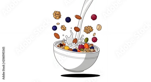 Healthy breakfast bowl illustration with milk pouring berries and nuts falling into granola for nutritious meal