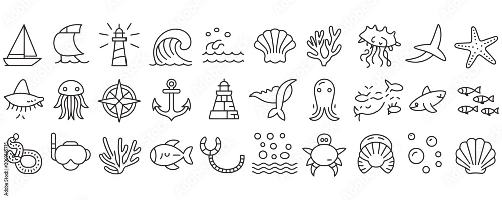 Fototapeta premium Seaside icons set including nautical symbols and ocean creatures
