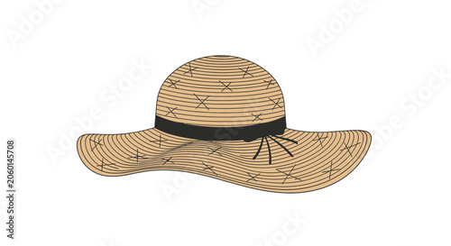 Wide brim straw sun hat with black ribbon band on white background