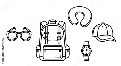 Travel accessories outline illustration with backpack sunglasses and cap